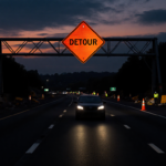 Car driving center lane with orange cone‑lit detour sign overhead and workers silhouetted against sunset.