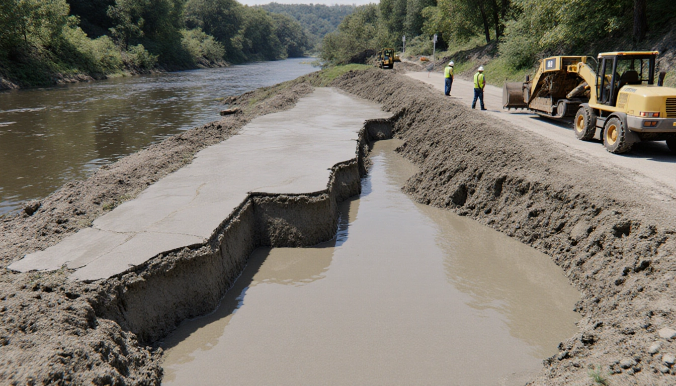 Concrete repair underway on Schuylkill River Trail with wet and dry sections and workers near sinkhole