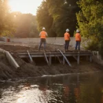 Maintenance workers pouring concrete with bright orange vests and steel reinforcements near the Schuylkill River Trail.