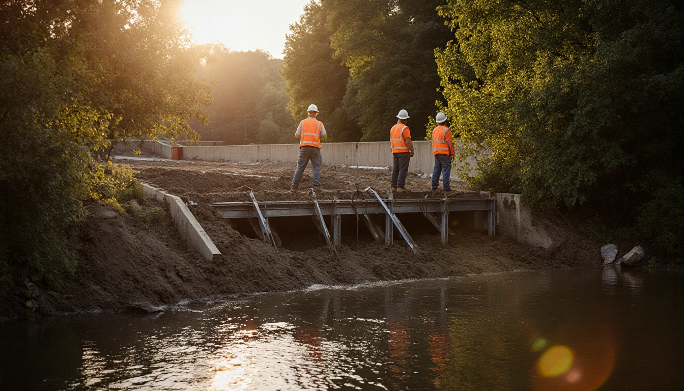 Maintenance workers pouring concrete with bright orange vests and steel reinforcements near the Schuylkill River Trail.