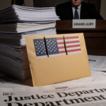 Sealed envelope revealing American flag with DOJ documents and dim courtroom background.