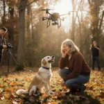Woman kneeling beside her lost dog with golden sunlight and hovering drone above forest