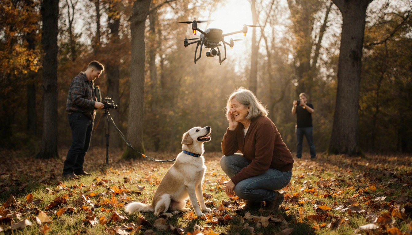 Woman kneeling beside her lost dog with golden sunlight and hovering drone above forest