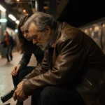 Man with leather jacket looks at knife on dimly lit train platform with woman beside him