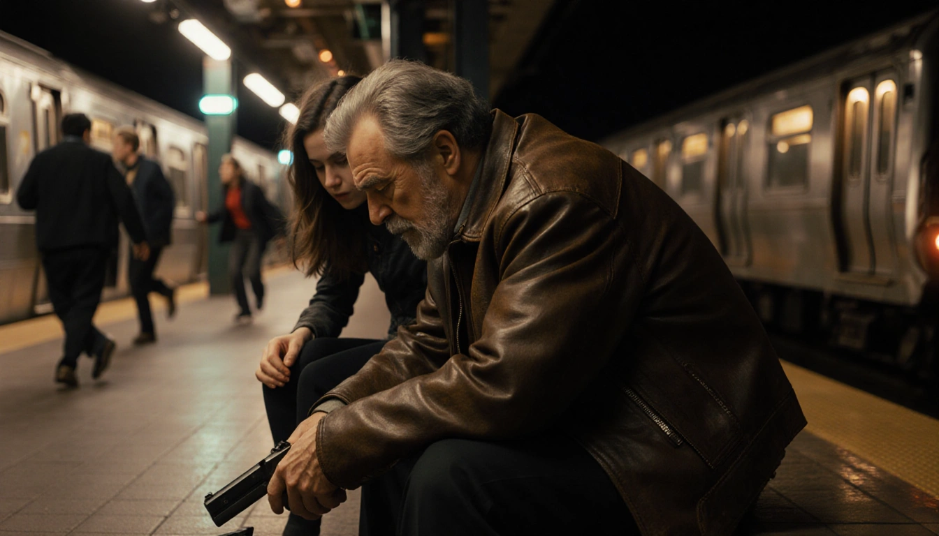 Man with leather jacket looks at knife on dimly lit train platform with woman beside him