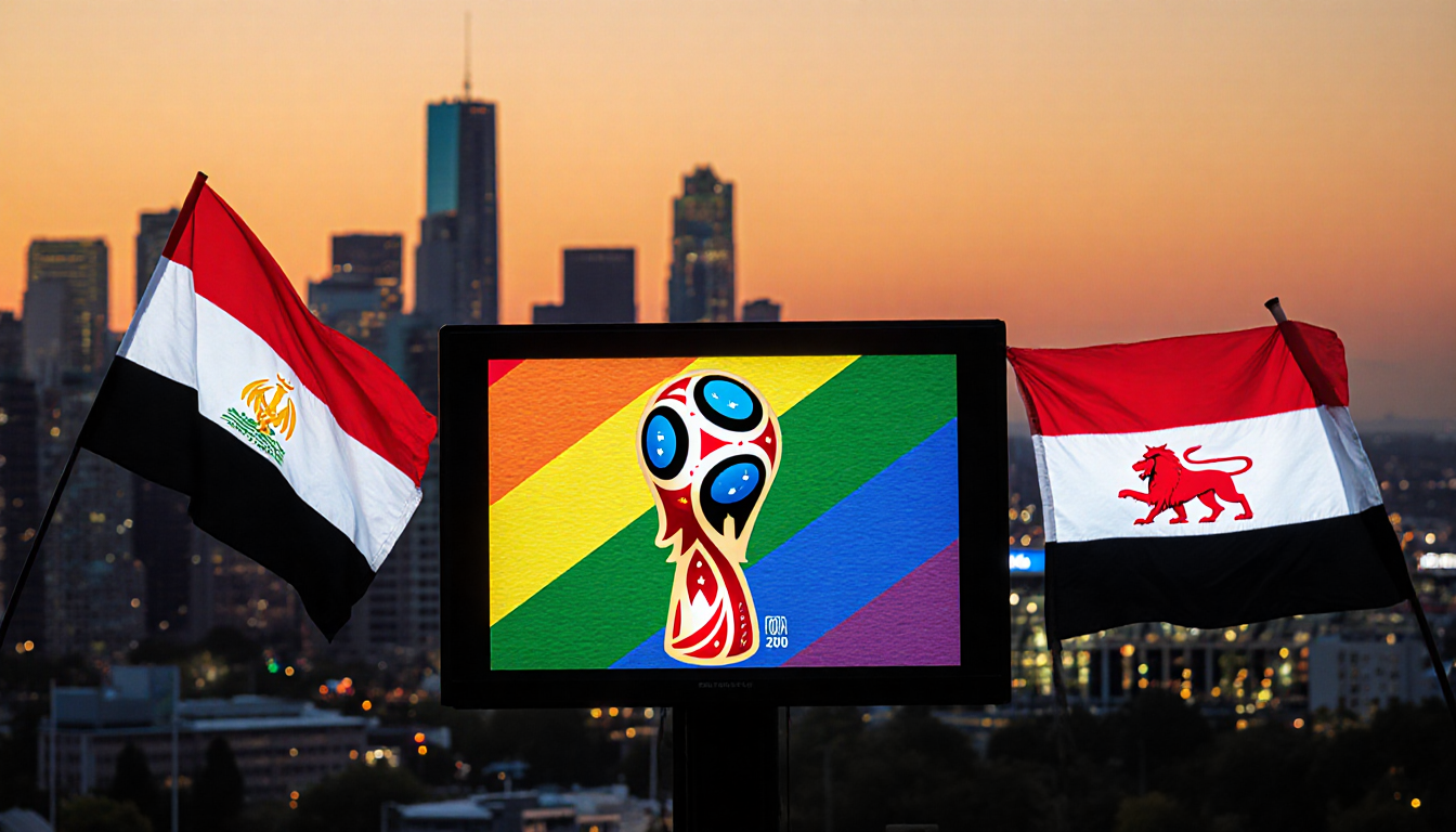 Seattle skyline showing rainbow Pride flag next to Egyptian crescent and Iranian lion flag and stadium World Cup logo.