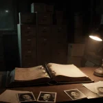 Leather-bound file opens on dusty wooden desk with warm glow and scattered photos revealing hidden faces.