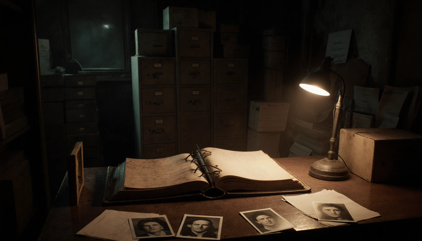 Leather-bound file opens on dusty wooden desk with warm glow and scattered photos revealing hidden faces.