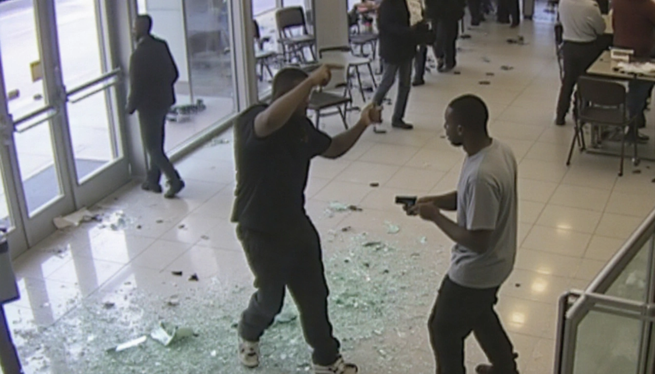 Two men confronting each other with shattered glass and overturned chairs in a security camera frame