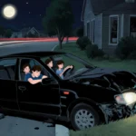 Boy sits slumped over wheel with crumpled black sedan and moonlit city in background.