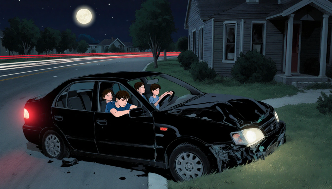 Boy sits slumped over wheel with crumpled black sedan and moonlit city in background.