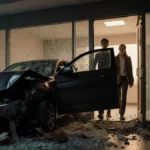 Sleek dark sedan crashes through office front door with shattered glass and crumpled metal on floor