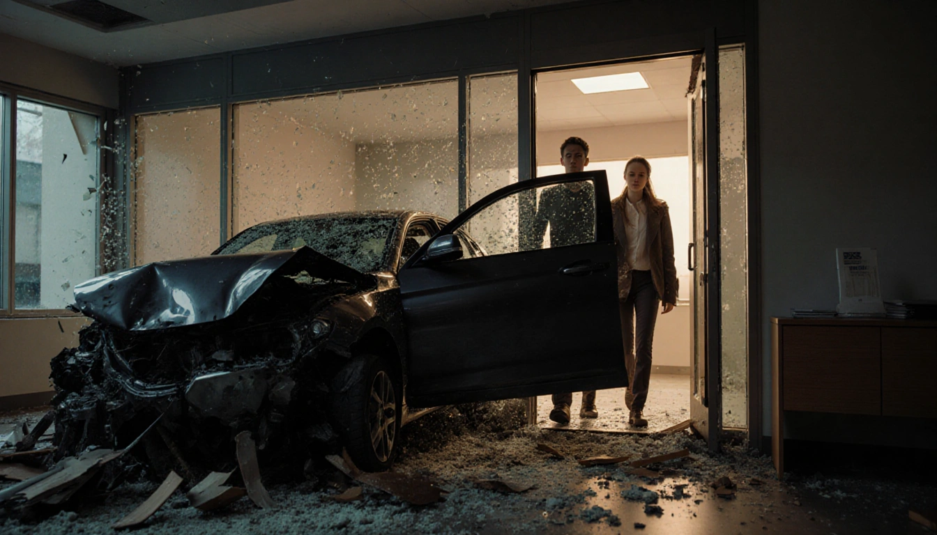 Sleek dark sedan crashes through office front door with shattered glass and crumpled metal on floor