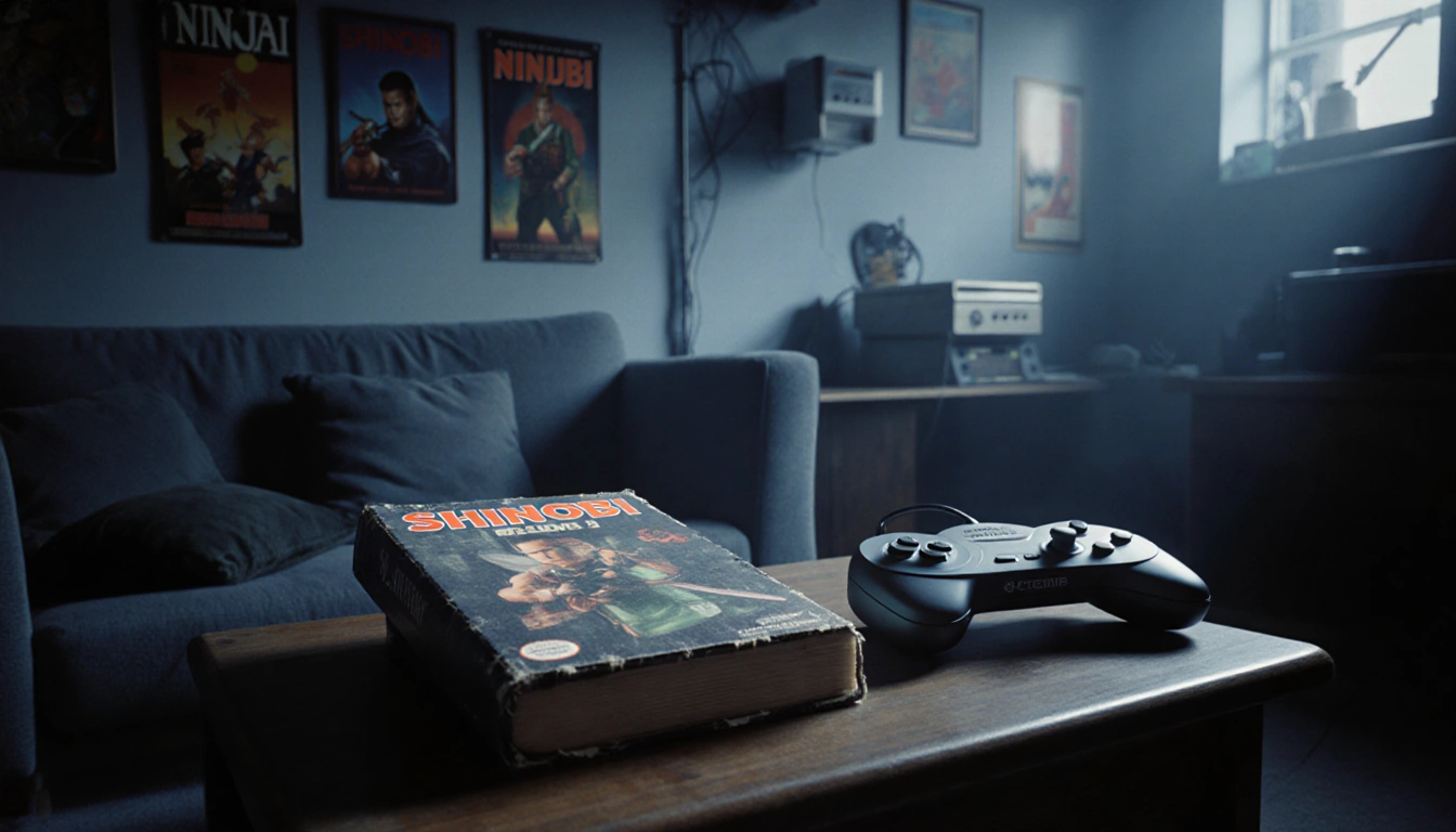 Sega console displayed with worn Shinobi book and controller on dim coffee table in muted blue and gray room with ninja poste