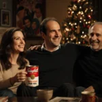 Julia Louis‑Dreyfus, Jerry Seinfeld, and Larry David sit together with light and Seinfeld memorabilia near Christmas tree.