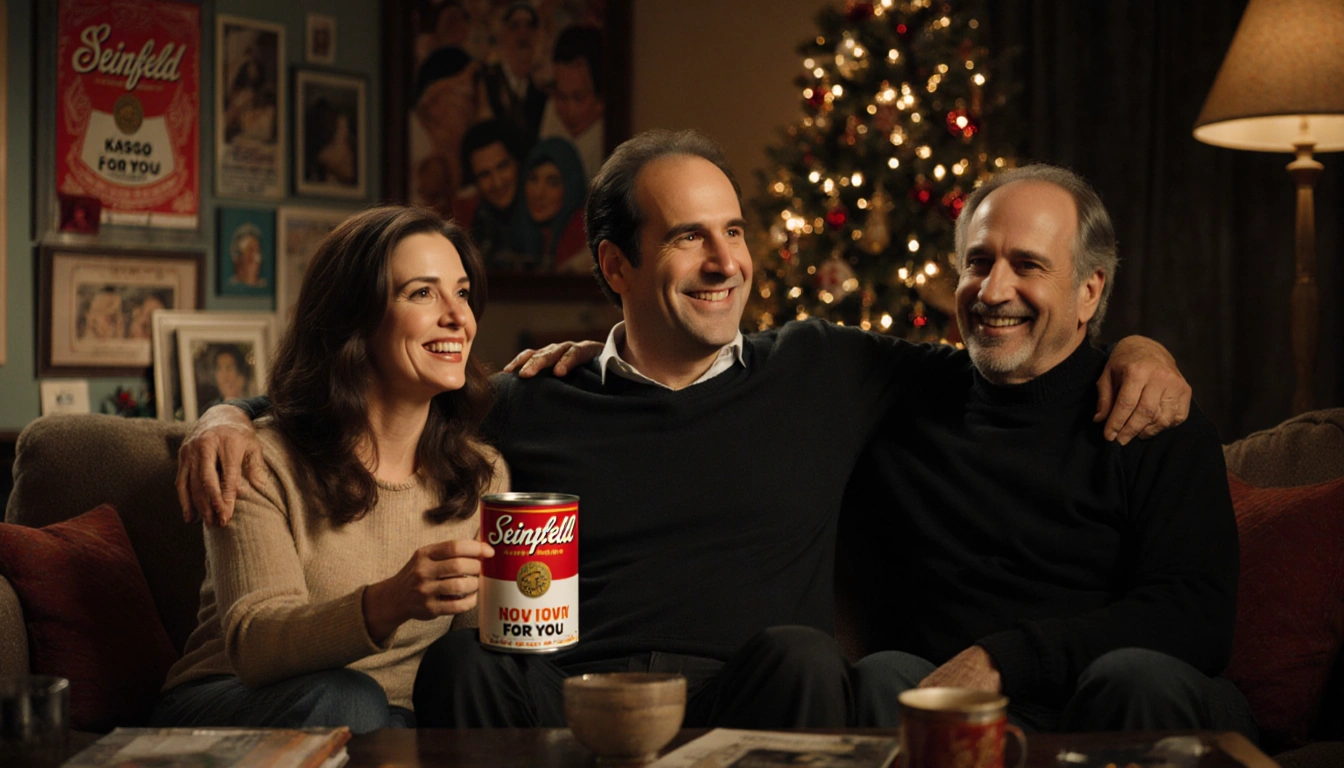 Julia Louis‑Dreyfus, Jerry Seinfeld, and Larry David sit together with light and Seinfeld memorabilia near Christmas tree.