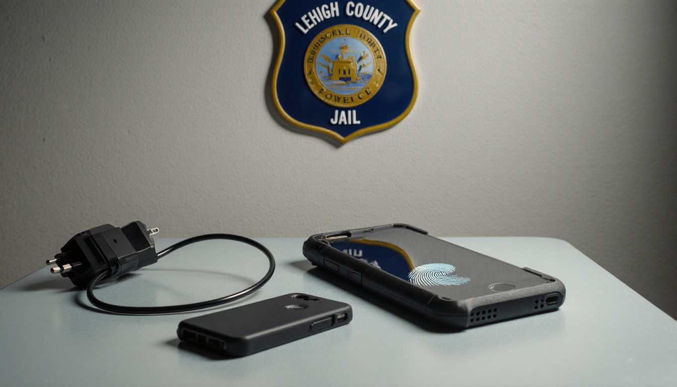 Police table displays seized cellphone with fingerprints visible and badge behind