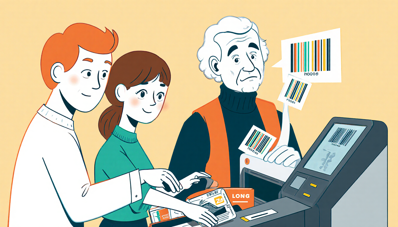 Three shoppers of generations scan items at a self‑checkout with expressions and colorful barcodes showing theft humor.