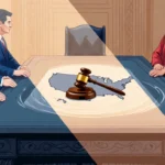 Senate chamber sees Democrats and Republicans gathering around table with a golden gavel on map showing balance of power