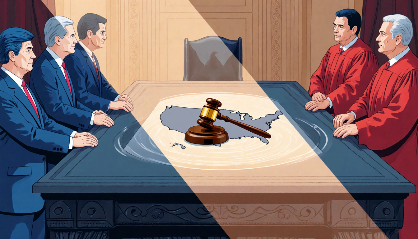 Senate chamber sees Democrats and Republicans gathering around table with a golden gavel on map showing balance of power