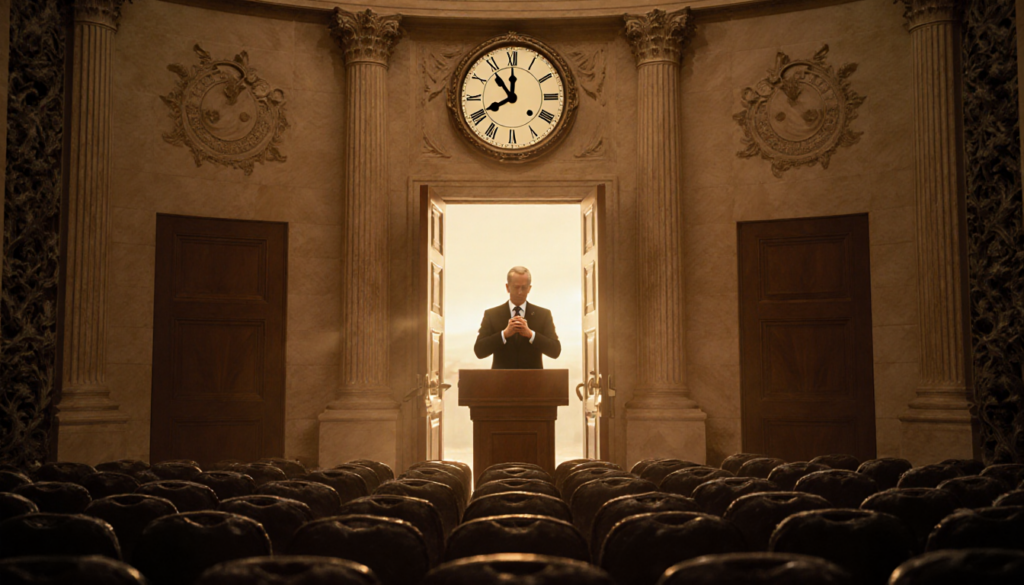 Senator stands at podium with golden light and empty worn chairs in a fading Senate chamber
