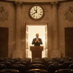 Senator stands at podium with golden light and empty worn chairs in a fading Senate chamber