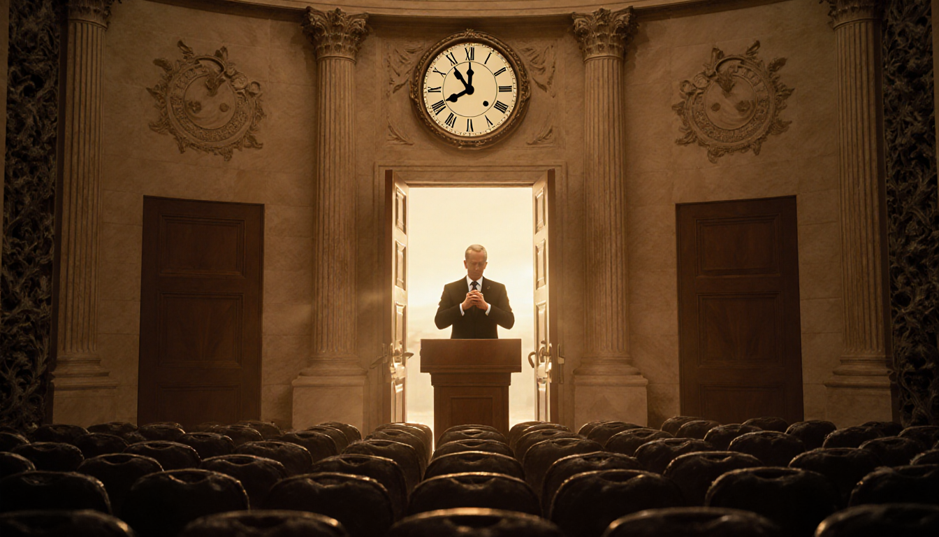 Senator stands at podium with golden light and empty worn chairs in a fading Senate chamber