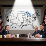 Military officials sitting across each other with a spotlight on their faces and a flag outline behind them