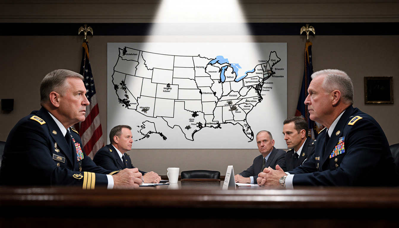 Military officials sitting across each other with a spotlight on their faces and a flag outline behind them