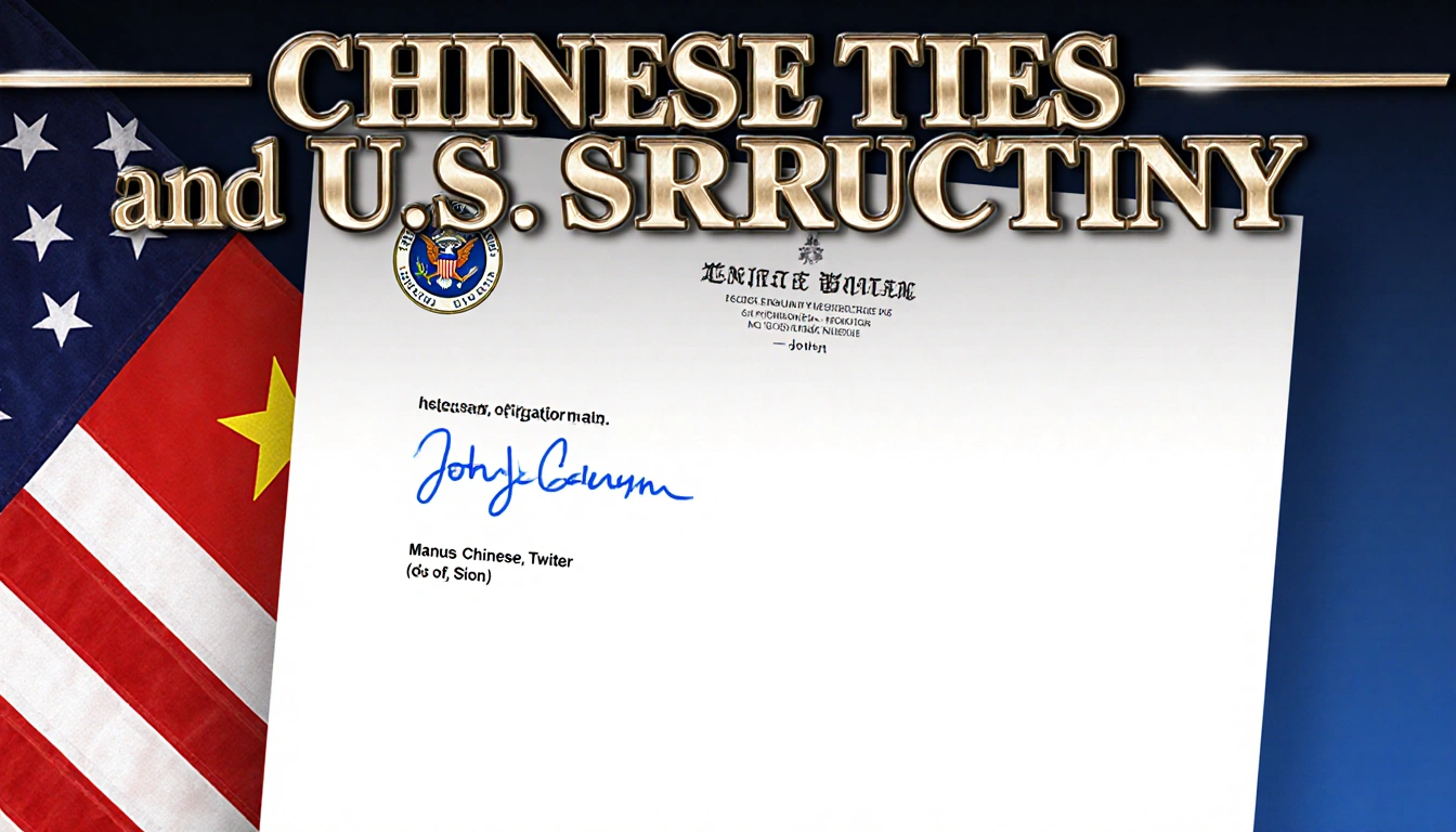 Sen. John Cornyn signing Senate letter with bold headline Chinese Ties and U.S. Scrutiny against red blue patriotic gradient.