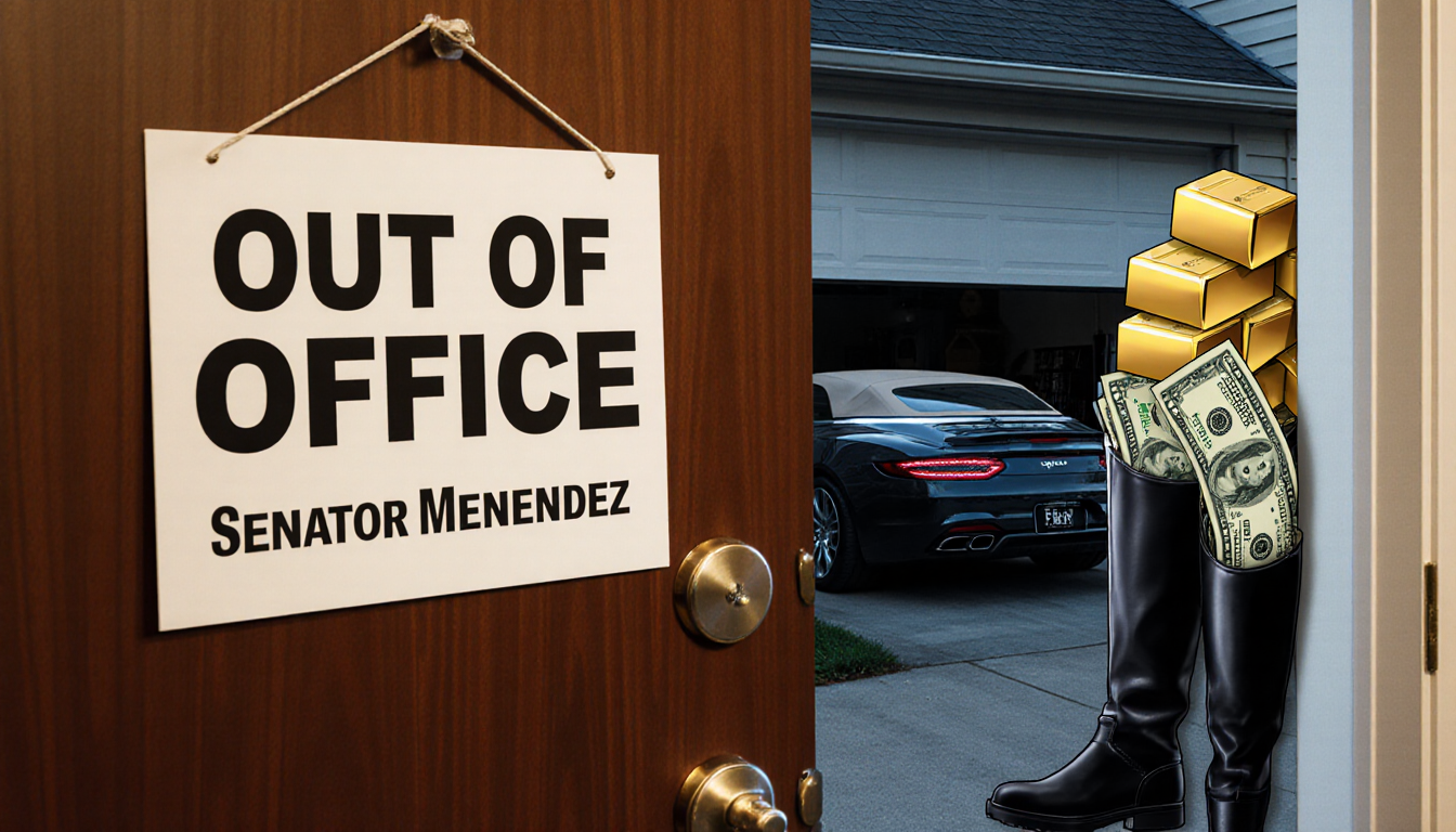 Senate office door closes with OUT OF OFFICE sign and convertible visible in garage and gold bars in boots.