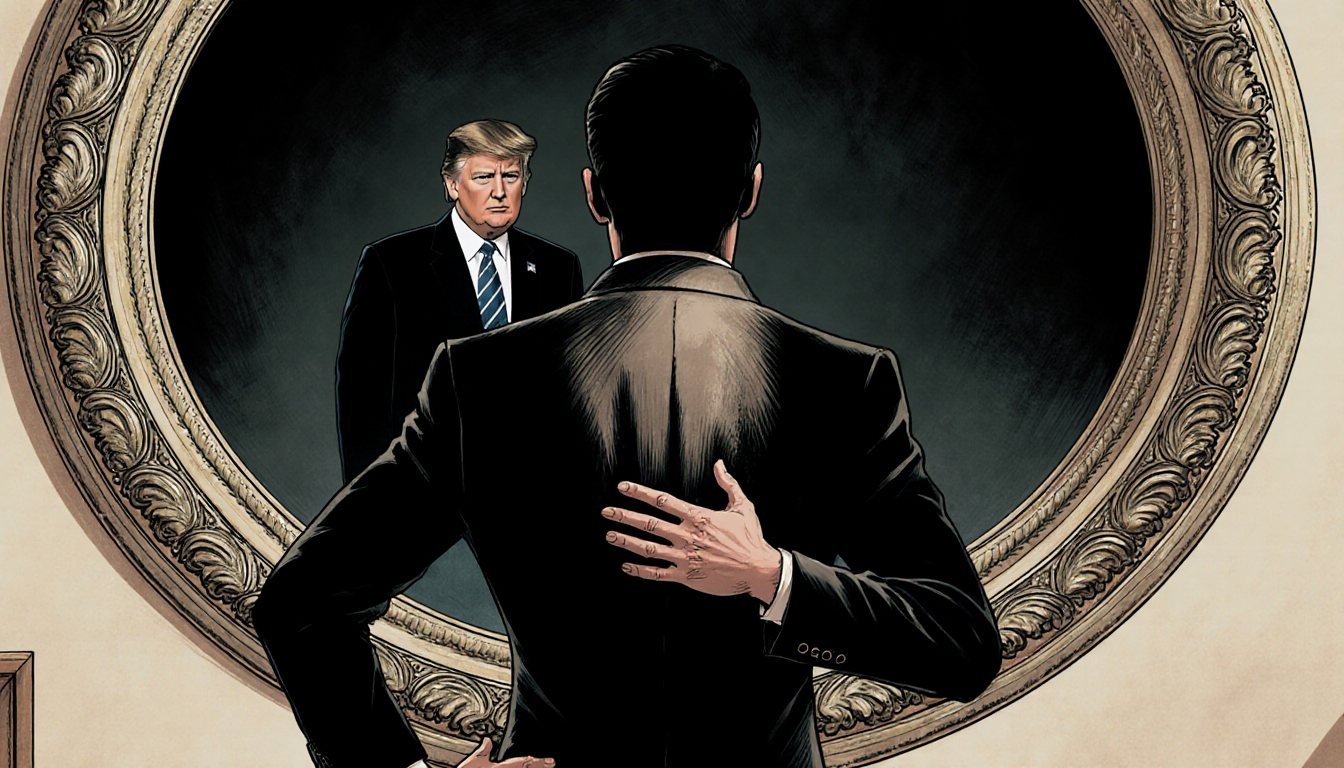 Senator stands resolute with hand on heart and large ornate mirror behind them while Trump silhouette looms.