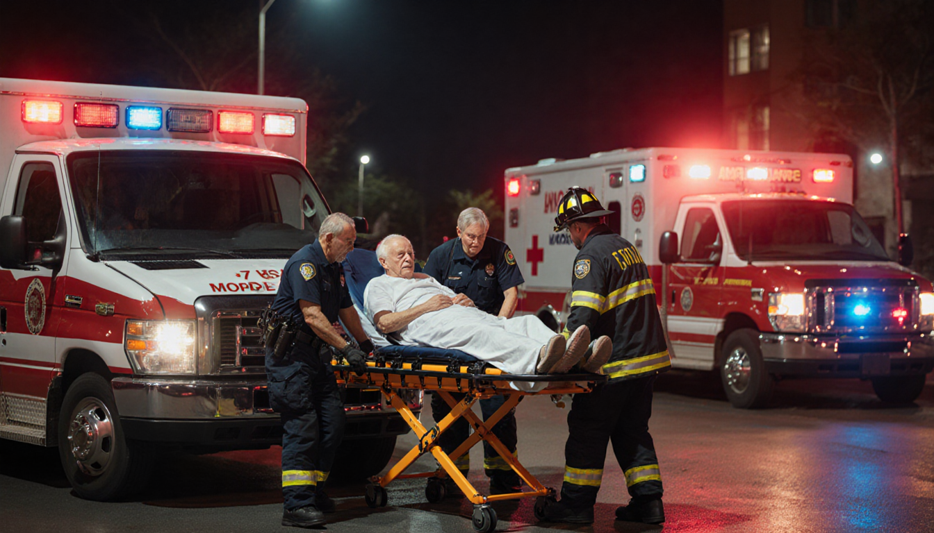 Paramedics carry an elderly man and woman on stretchers with flashing police lights and a hospital ambulance at night.
