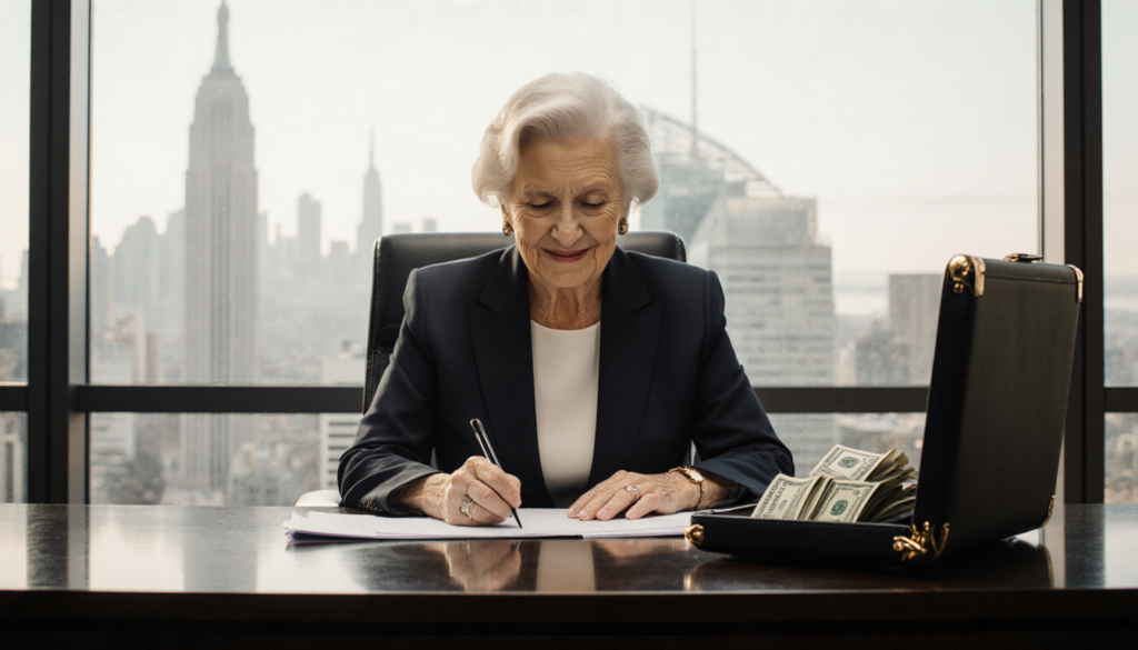 Businesswoman smiling at a sleek desk with cash and documents open while a city skyline glows behind her
