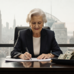 Businesswoman smiling at a sleek desk with cash and documents open while a city skyline glows behind her