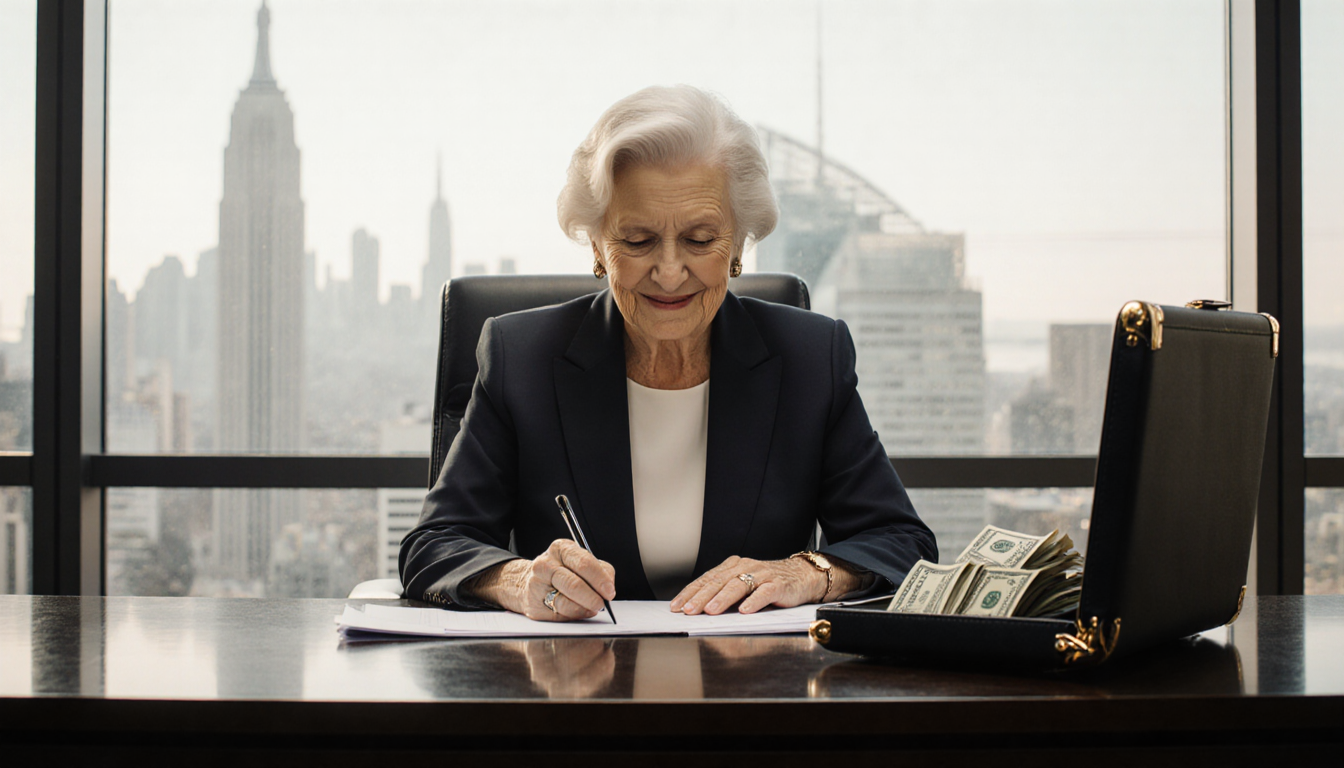 Businesswoman smiling at a sleek desk with cash and documents open while a city skyline glows behind her