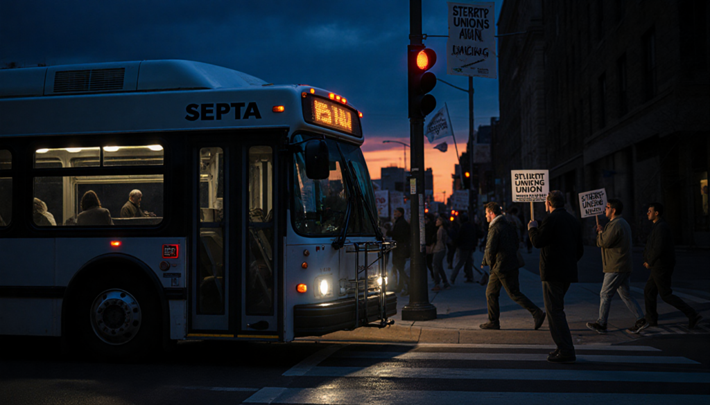 SEPTA bus idles at stoplight in Philadelphia at dusk with long shadows and picket signs fluttering