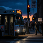SEPTA bus idles at stoplight in Philadelphia at dusk with long shadows and picket signs fluttering
