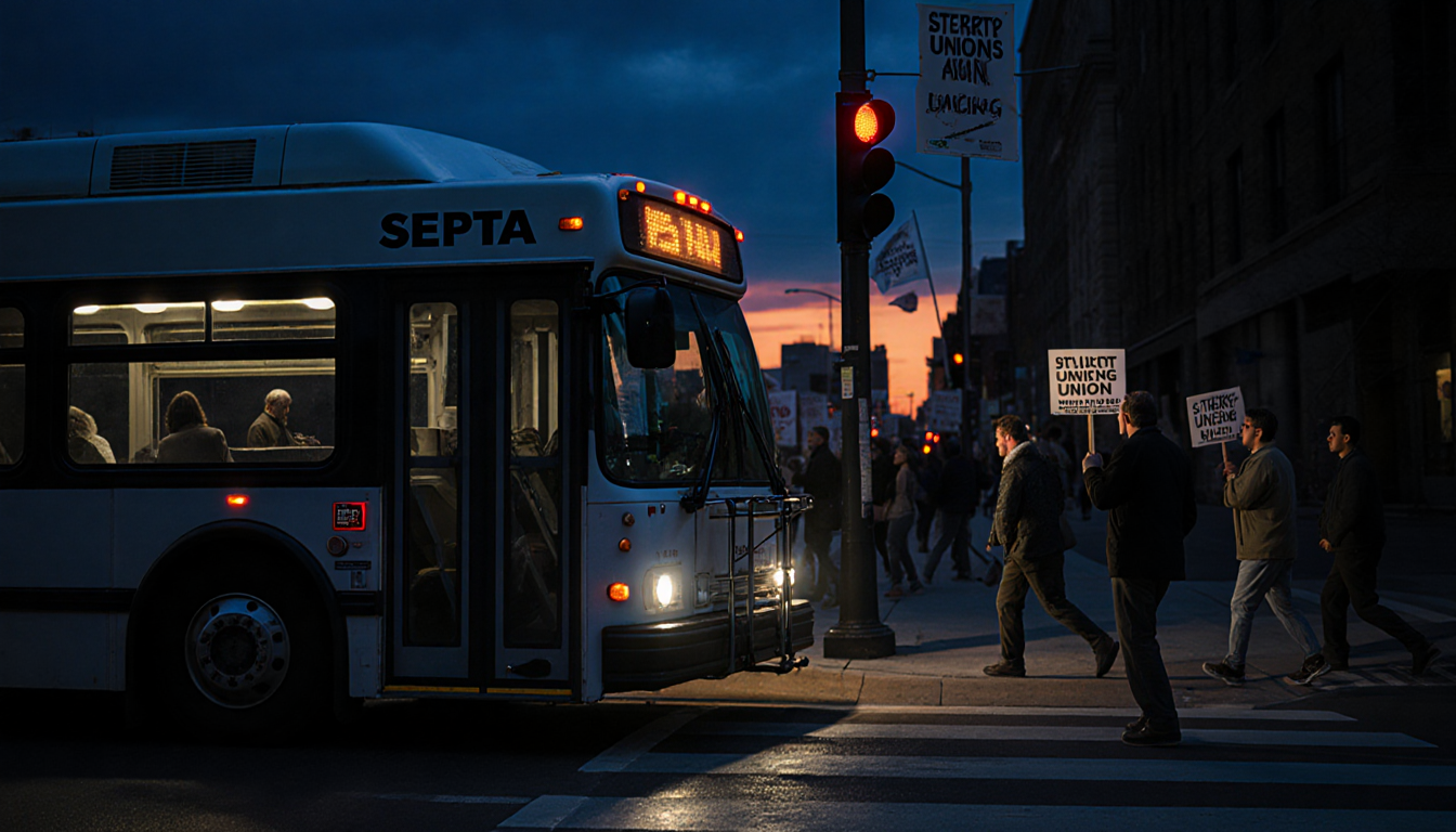 SEPTA bus idles at stoplight in Philadelphia at dusk with long shadows and picket signs fluttering
