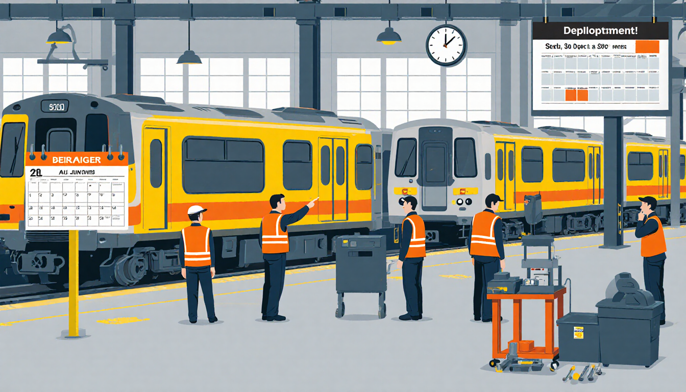 Technicians servicing SEPTA rail cars with orange vests and a mid-December calendar while a crew leader points to equipment.