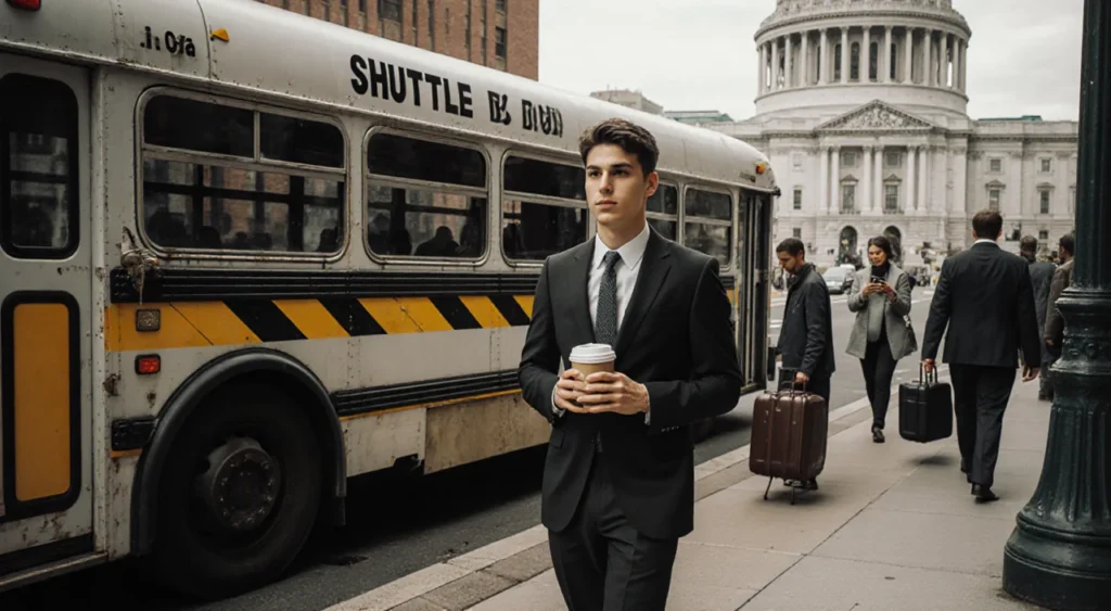 Young professional clutching coffee cup with vintage SEPTA shuttle bus and City Hall in Philadelphia background