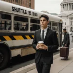 Young professional clutching coffee cup with vintage SEPTA shuttle bus and City Hall in Philadelphia background