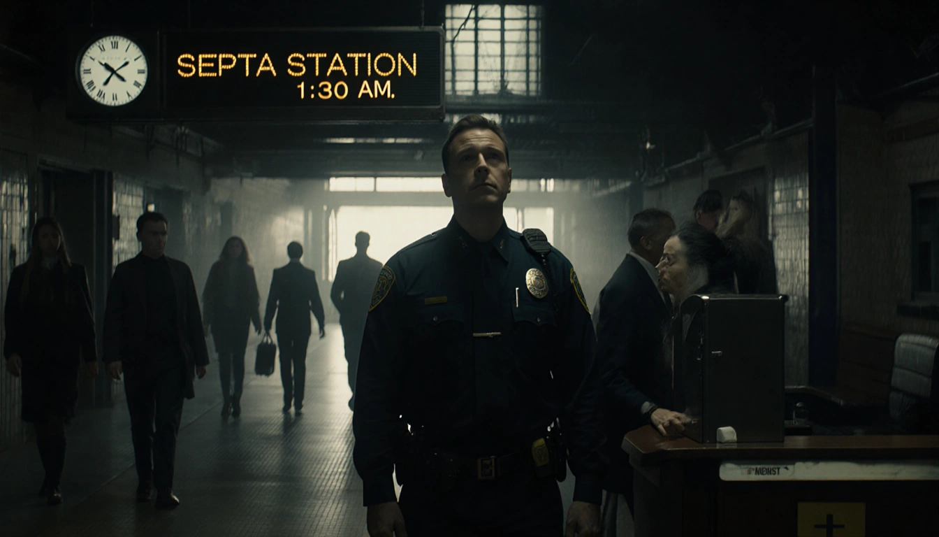Hero stands behind security desk with alert guard looking up in dimly lit 1:30 AM SEPTA station