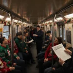 Commuters rushing through crowded subway car with festive sweaters and umbrellas amid holiday decorations and snow outside