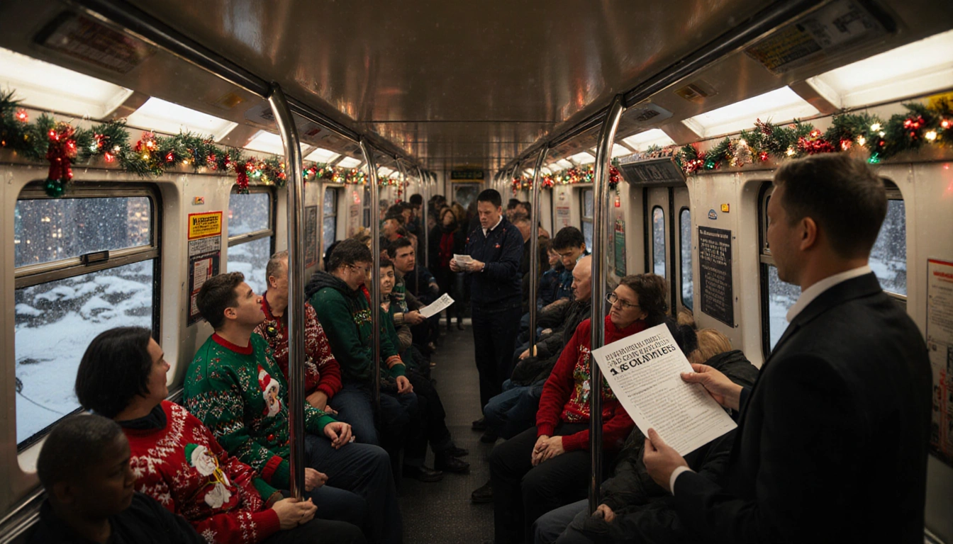 Commuters rushing through crowded subway car with festive sweaters and umbrellas amid holiday decorations and snow outside