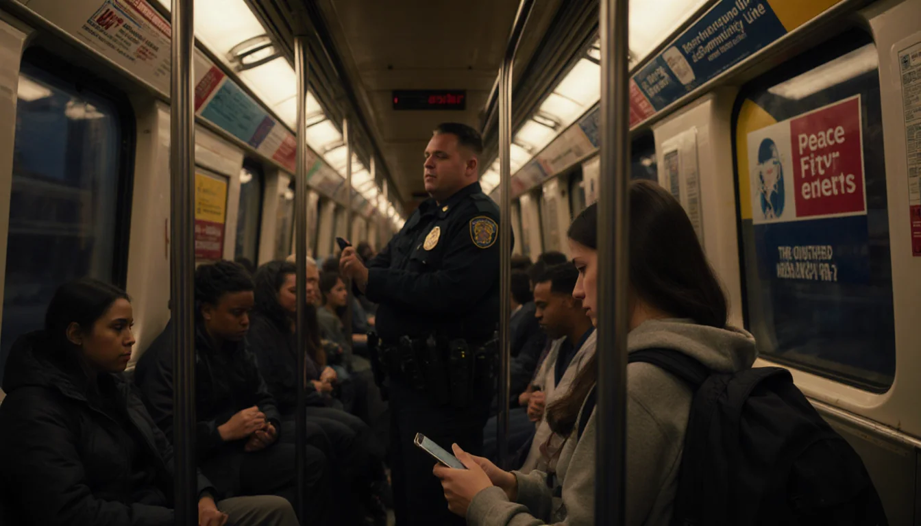 Young woman sits looking at phone with backpack while a peace patroller watches nearby and warm tunnel light surrounds.