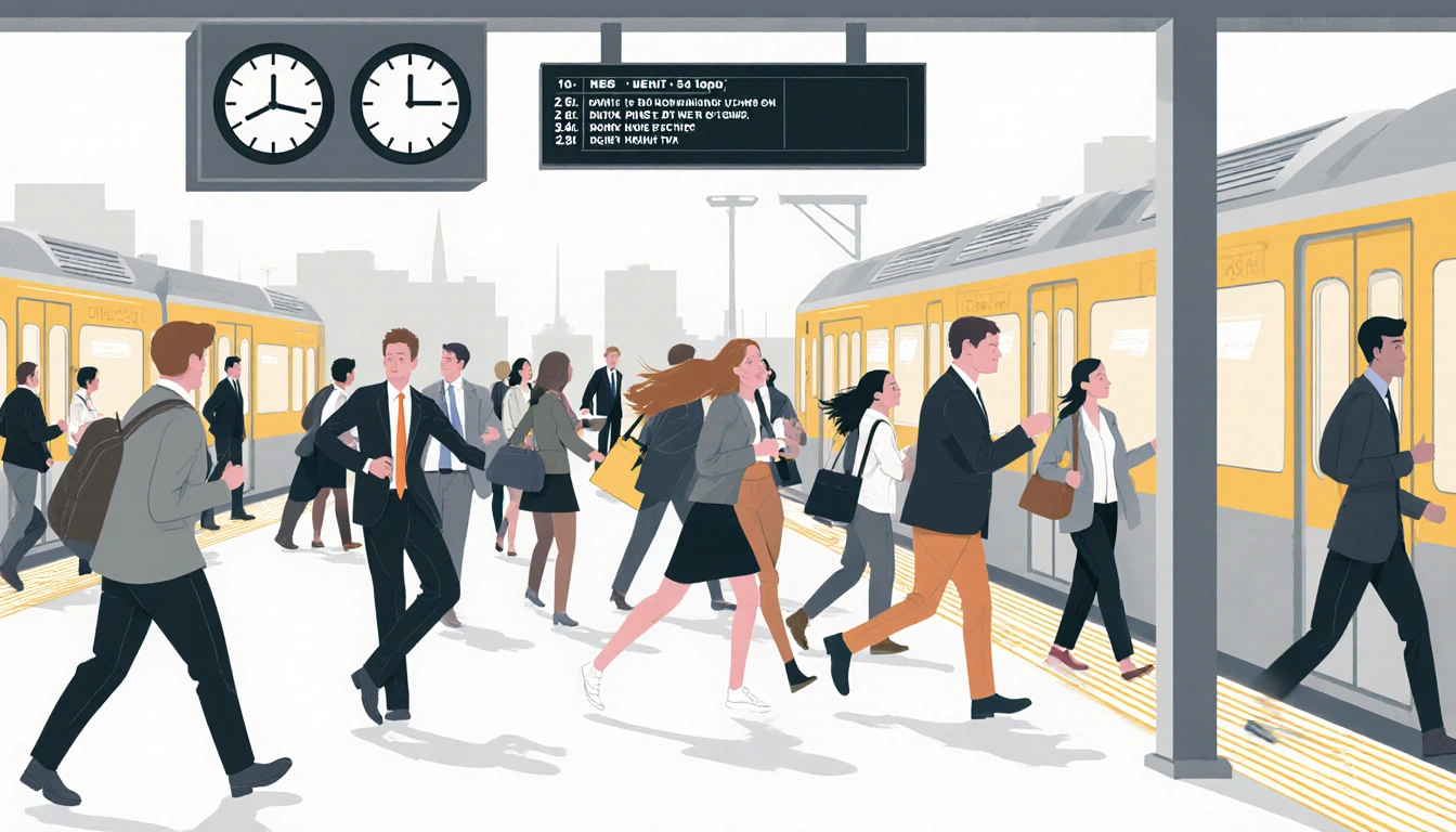 Commuters of all ages rushing during rush hour to catch SEPTA trains with clock faces and schedules visible in the background