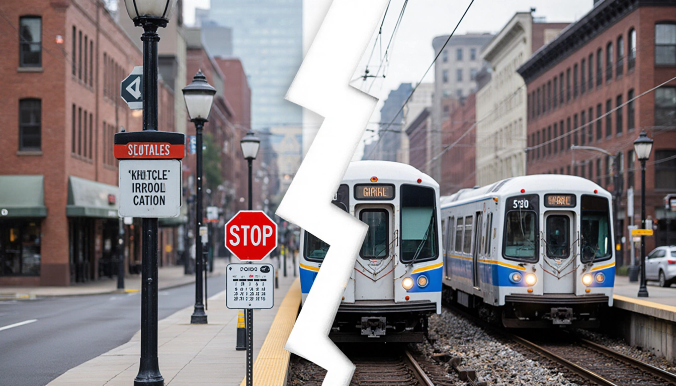 SEPTA train line showing broken symbol with blurred Broad Street background and shuttle buses parked