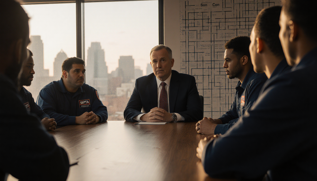 SEPTA workers negotiating around a wooden table with their mediator and a Philadelphia skyline behind