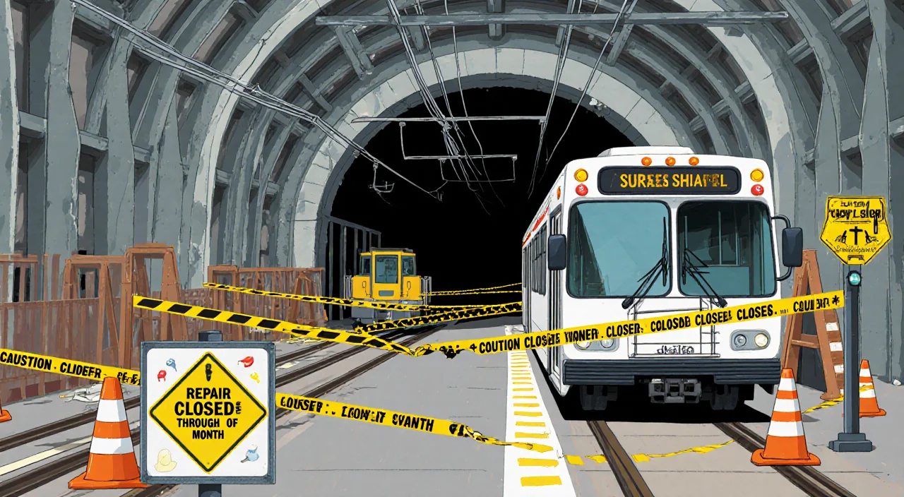 Tunnel partially closing with yellow caution tape and repair signs and a SEPTA shuttle bus parked beside it